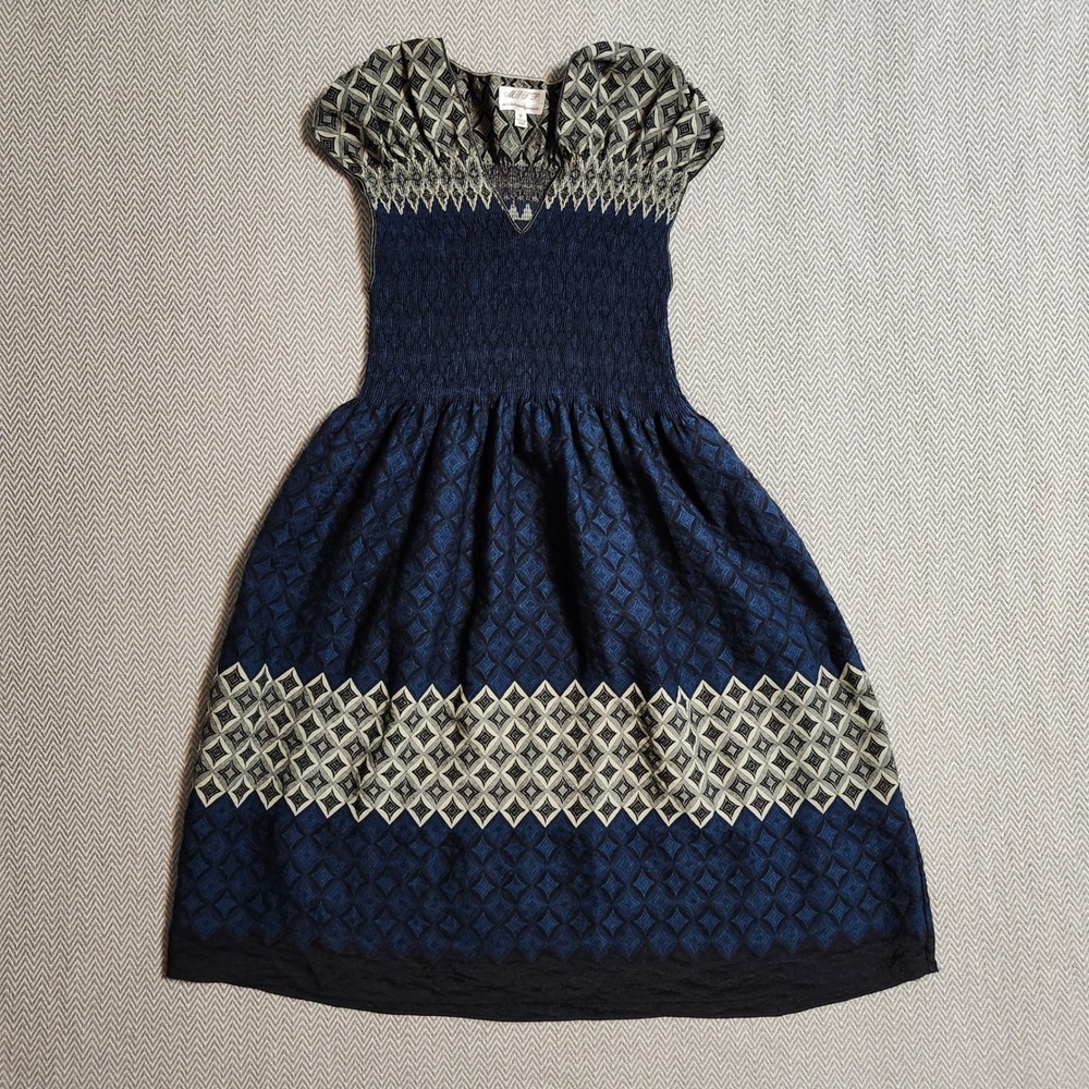 MSSP Max Studio Navy Blue Geometric Smocked V-Neck Midi Dress Size M 4D10950